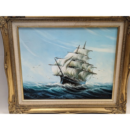 673 - Rupert Hydan, oil on canvas of a ship in full sail, signed lower right, in ornate gilt frame 65 x 55... 