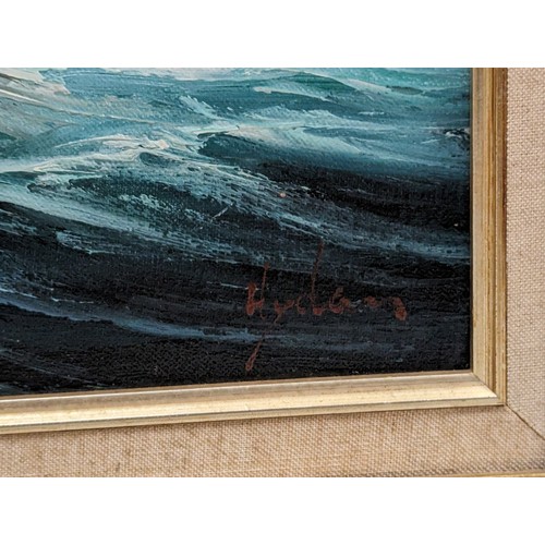 673 - Rupert Hydan, oil on canvas of a ship in full sail, signed lower right, in ornate gilt frame 65 x 55... 