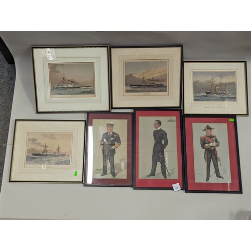 686 - Three SPY prints of naval officers together with four framed ship chromo-lithographs inc. W. Fred Mi... 