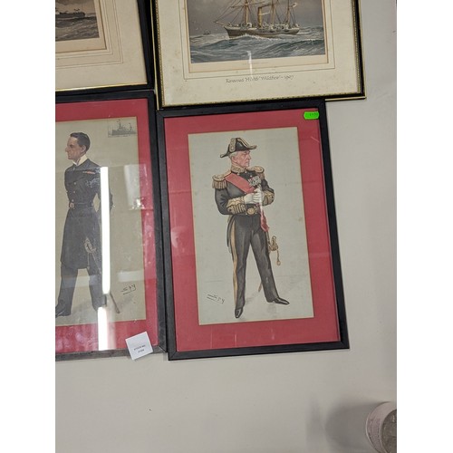 686 - Three SPY prints of naval officers together with four framed ship chromo-lithographs inc. W. Fred Mi... 