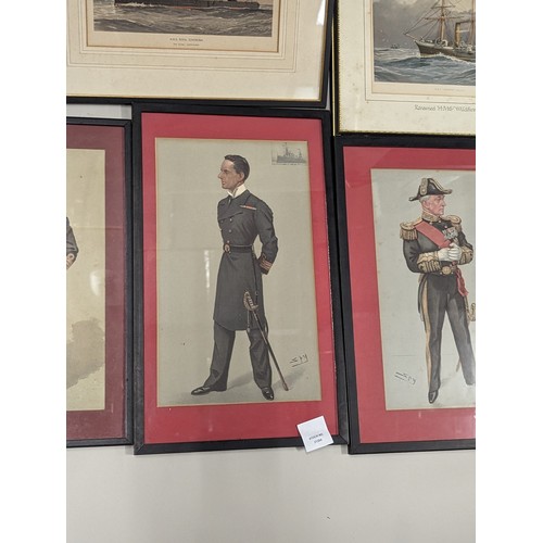 686 - Three SPY prints of naval officers together with four framed ship chromo-lithographs inc. W. Fred Mi... 