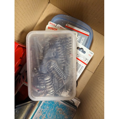 284 - Box of tools inc. as new jigsaw blades, wire stripper, o-ring set etc.