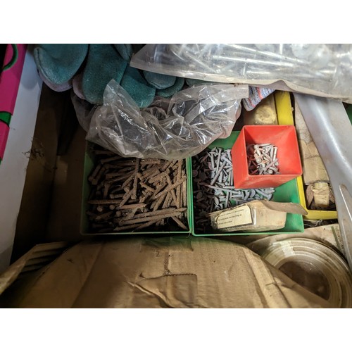 283 - Mixed box of fixings, nails, small carpenters tool box etc.