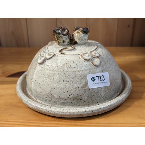 713 - Studio pottery cheese dome with mice finial, dia. of plate 21cm