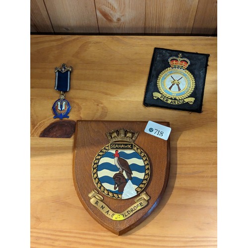 718 - Cloth RAF patch, Seahawk plaque and an 'Independent Order of Oddfellows' medal