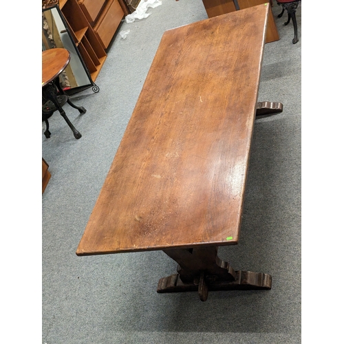 843 - Oak refectory table 213cm by 84cm by 76cm approx.