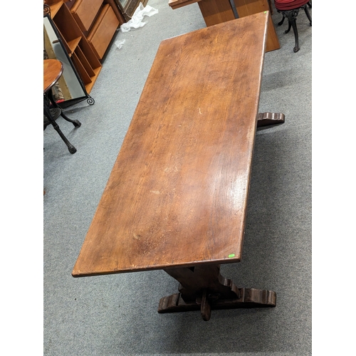 843 - Oak refectory table 213cm by 84cm by 76cm approx.