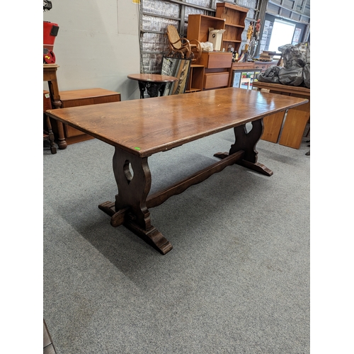 843 - Oak refectory table 213cm by 84cm by 76cm approx.