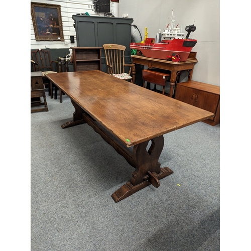 843 - Oak refectory table 213cm by 84cm by 76cm approx.