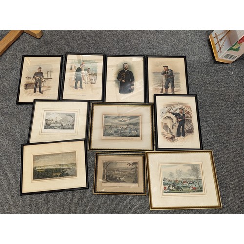 667 - Collection of framed antiquarian prints inc. hunting and naval