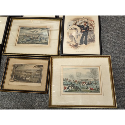 667 - Collection of framed antiquarian prints inc. hunting and naval