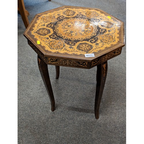 822 - Inlaid octagonal musical table, top 46 x 46, ht 51cms