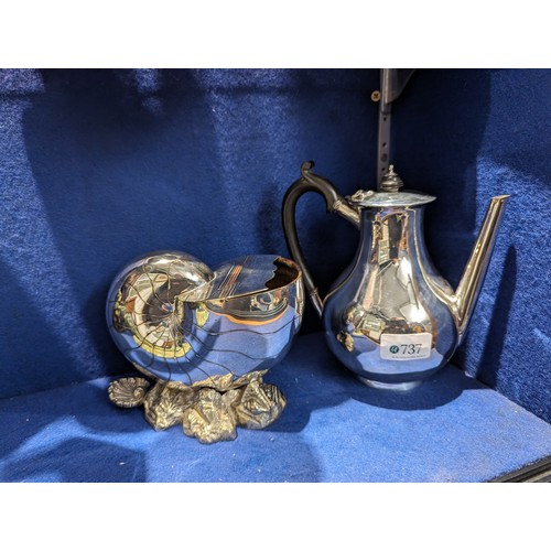 737 - Silver plated coffee pot with monogramme and a plated nautilus shell spoon warmer