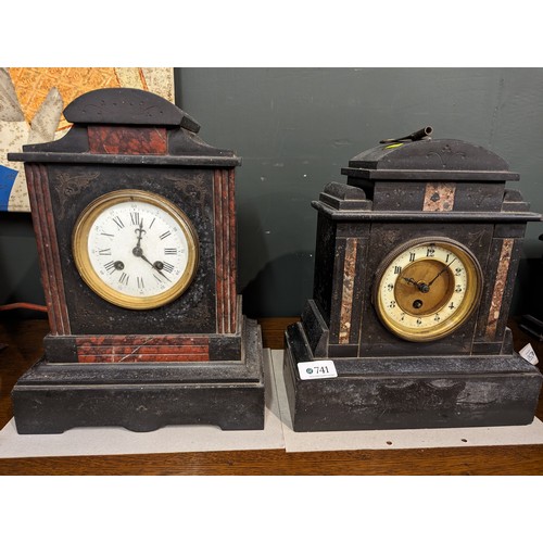 741 - Two slate mantle clocks, one with key, tallest 33.5cm