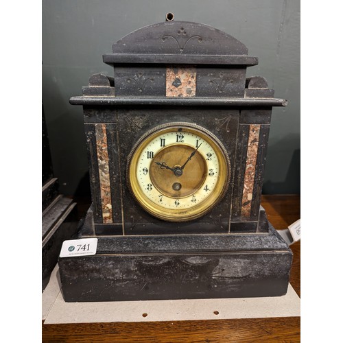 741 - Two slate mantle clocks, one with key, tallest 33.5cm