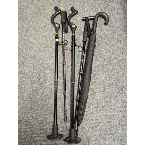 754 - 4 x modern walking/hiking sticks + umbrella