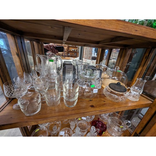 756 - Shelf of glassware inc jugs, glasses, cheese dish, Dartington etc 