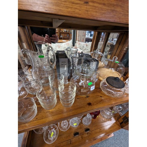 756 - Shelf of glassware inc jugs, glasses, cheese dish, Dartington etc 