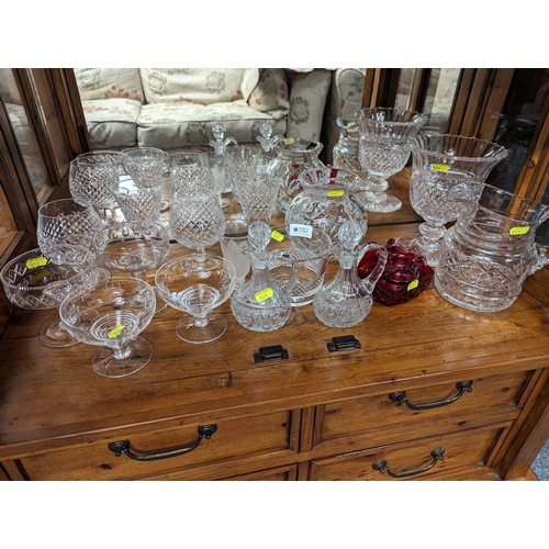 757 - Shelf of mostly cut glass glassware inc glasses, vases, jug decanters etc 