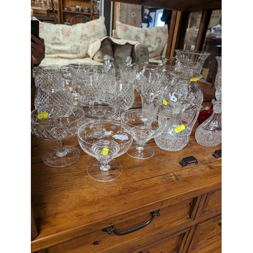 757 - Shelf of mostly cut glass glassware inc glasses, vases, jug decanters etc 