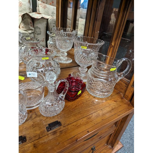 757 - Shelf of mostly cut glass glassware inc glasses, vases, jug decanters etc 