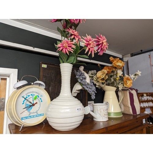 758 - Selection decorative items inc wake up to wogan clock, vases, artificial flowers, wooden bird etc