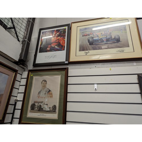 675 - Three F1 Prints inc. Nigel Mansell inc. limited edition signed, largest 68.5 x 69cm