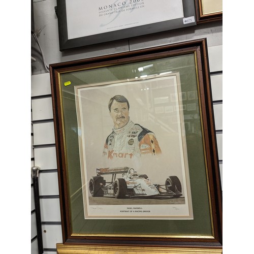 675 - Three F1 Prints inc. Nigel Mansell inc. limited edition signed, largest 68.5 x 69cm