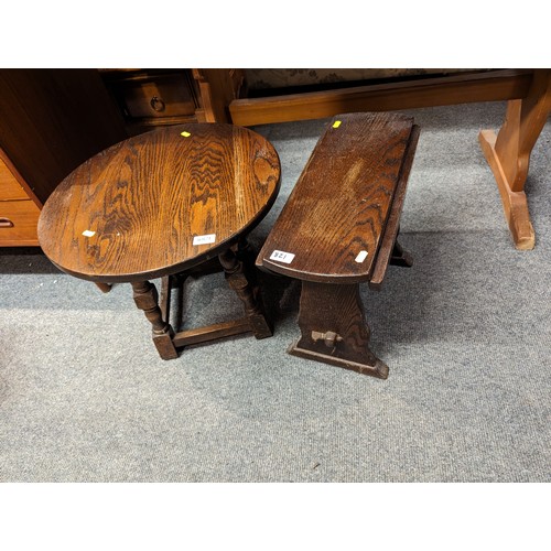 821 - Oak round topped table on square base, plus a small drop leaf occasional table, each table diameter ... 