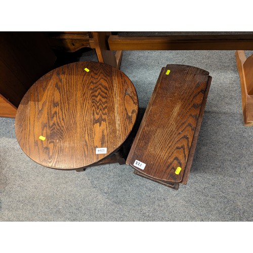 821 - Oak round topped table on square base, plus a small drop leaf occasional table, each table diameter ... 