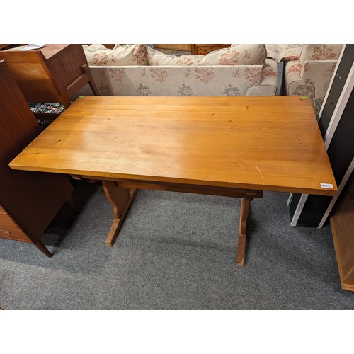 879 - Refectory style kitchen table with drawer accessible from both sides, 140 x 70 x ht 74.5