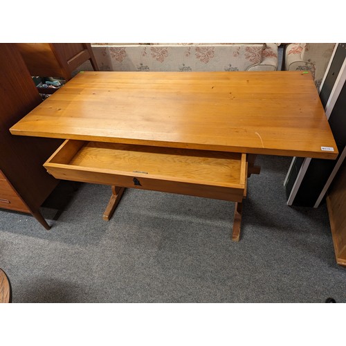 879 - Refectory style kitchen table with drawer accessible from both sides, 140 x 70 x ht 74.5