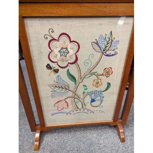 829 - Fireplace screen with  embroidery behind glass 56 x 68 cms