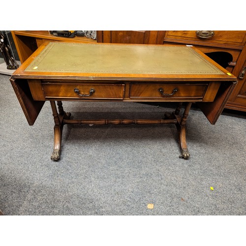 831 - Leather topped, drop end coffee table with 2 drawers, unextended 95 x 50 x ht 56cms