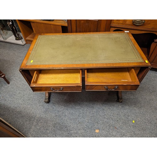 831 - Leather topped, drop end coffee table with 2 drawers, unextended 95 x 50 x ht 56cms