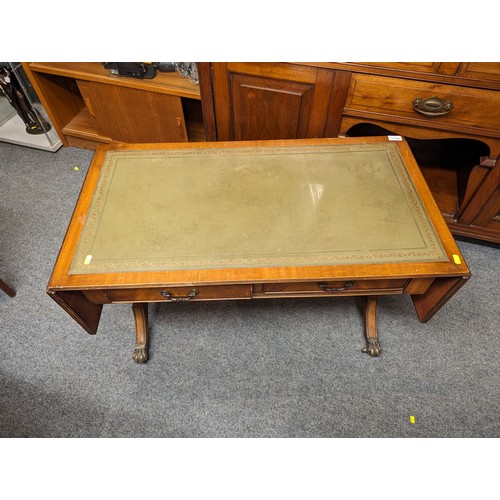 831 - Leather topped, drop end coffee table with 2 drawers, unextended 95 x 50 x ht 56cms