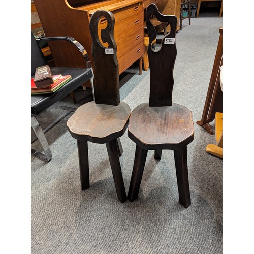 832 - 2 rustic spinning stools, width 27 x depth 28 x ht 84cms