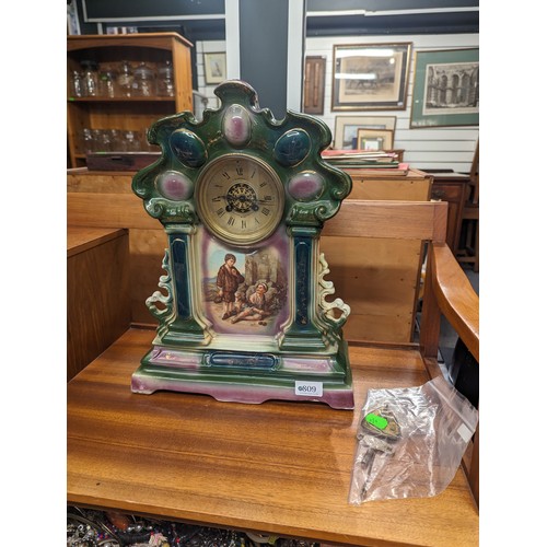 809 - Painted ceramic Mantle clock stamped S. Wotton, Bury, with pendulum & key 33x15 x ht 43