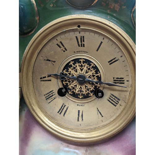 809 - Painted ceramic Mantle clock stamped S. Wotton, Bury, with pendulum & key 33x15 x ht 43