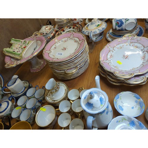 694 - Floral, pink and gilt plates, serving dishes and tazza together with a Staffordshire flatback castle... 