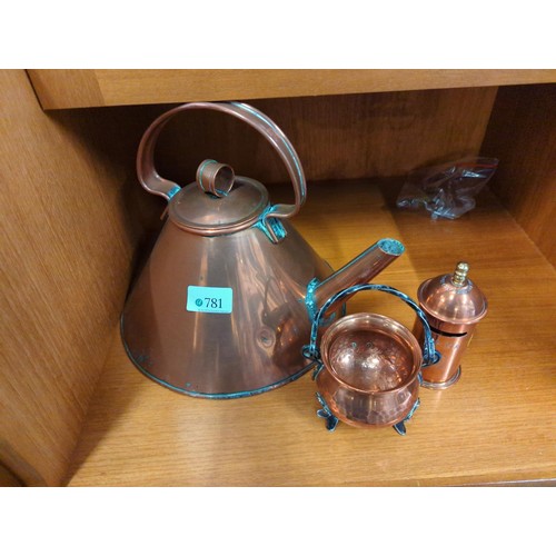 781 - 3 pieces of copperware inc a kettle