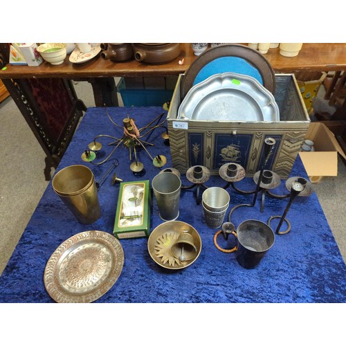 787 - Vintage tin, beakers & candlesticks, pewter, brass & silver plate etc