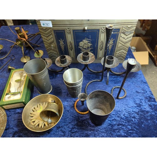 787 - Vintage tin, beakers & candlesticks, pewter, brass & silver plate etc