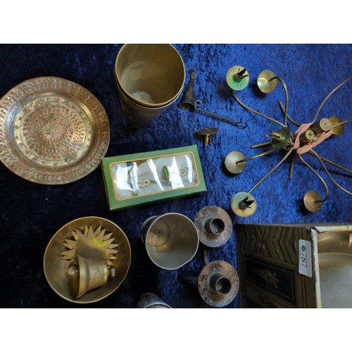 787 - Vintage tin, beakers & candlesticks, pewter, brass & silver plate etc