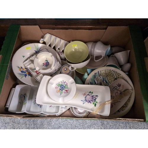 706 - Box of various Poole ceramics inc. serving plates, teacups, toast rack etc.