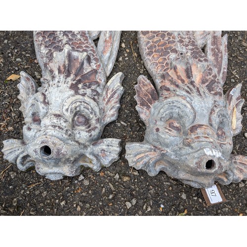 97 - Pair of Asian style fish in lead with open mouths, in the form of wall plaques for a water feature L... 