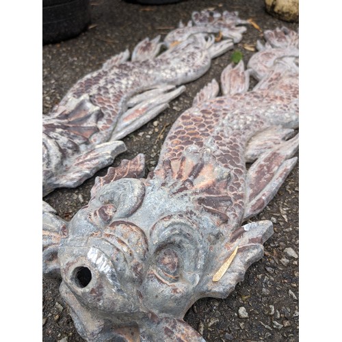 97 - Pair of Asian style fish in lead with open mouths, in the form of wall plaques for a water feature L... 