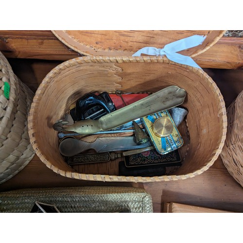 774 - Collection of wicker basket with haberdashery contents inc threads, buttons, darning mushrooms, tape... 