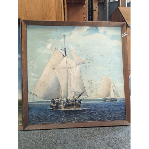 657A - 2 oil on canvas paintings of sailing yachts. W75cm H64 & W73cm H73cm. One with fixing/damp spots... 