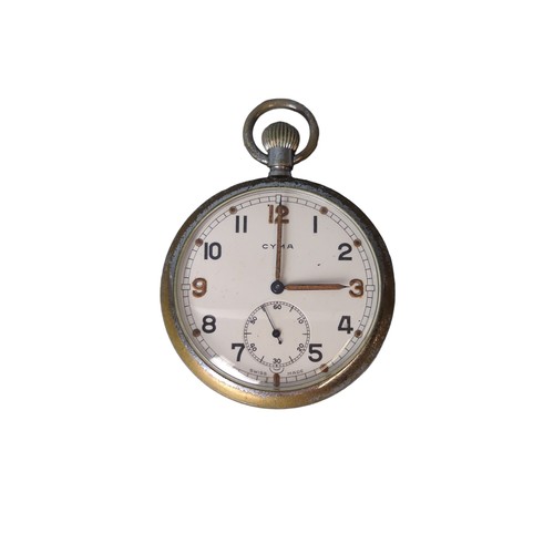 162 - Cyma WWII military issue open face pocket watch, with subsidiary seconds, marked to case back with b... 